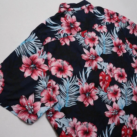 Vatpave Mens XXXL Hawaiian Shirt Black Hibiscus Floral Aloha Short Sleeve - Picture 8 of 10